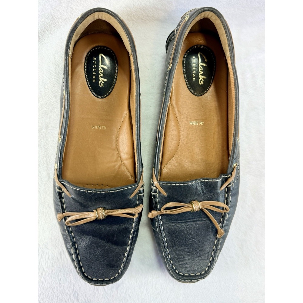 Clarks Artisan Dunbar Racer Navy Blue Leather Driving Loafers 8.5 Wide Bow VTG